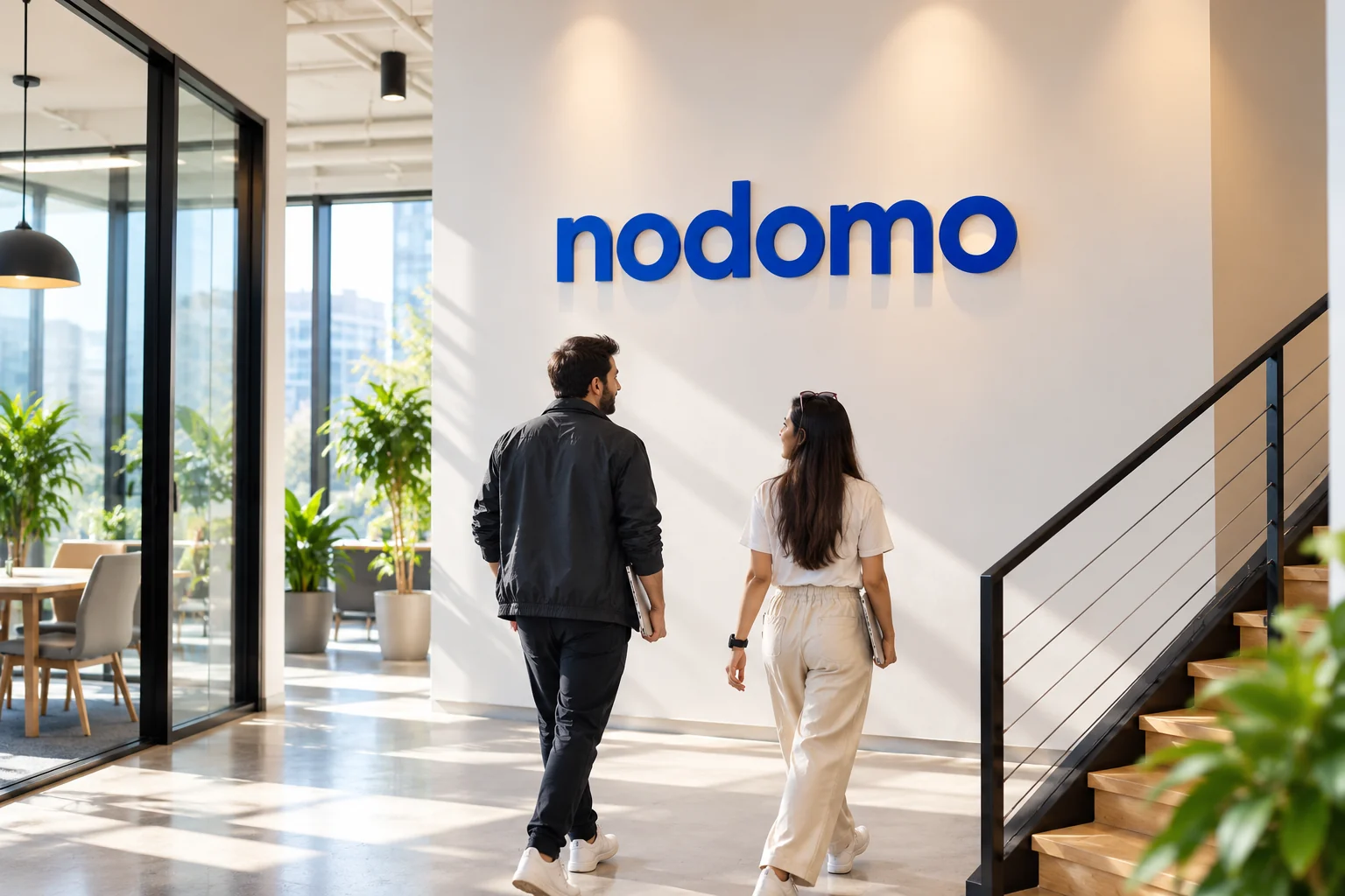 Anshul and Anshika seen from behind walking through a bright office beneath a blue Nodomo wordmark