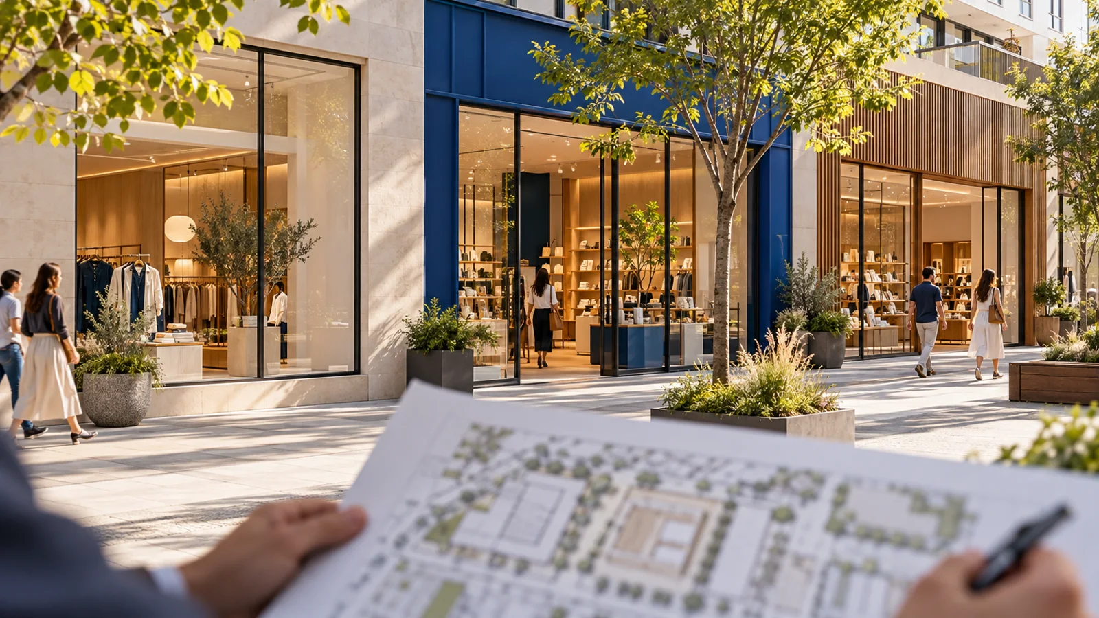 Retail storefronts on a neighborhood shopping street with a site plan in the foreground
