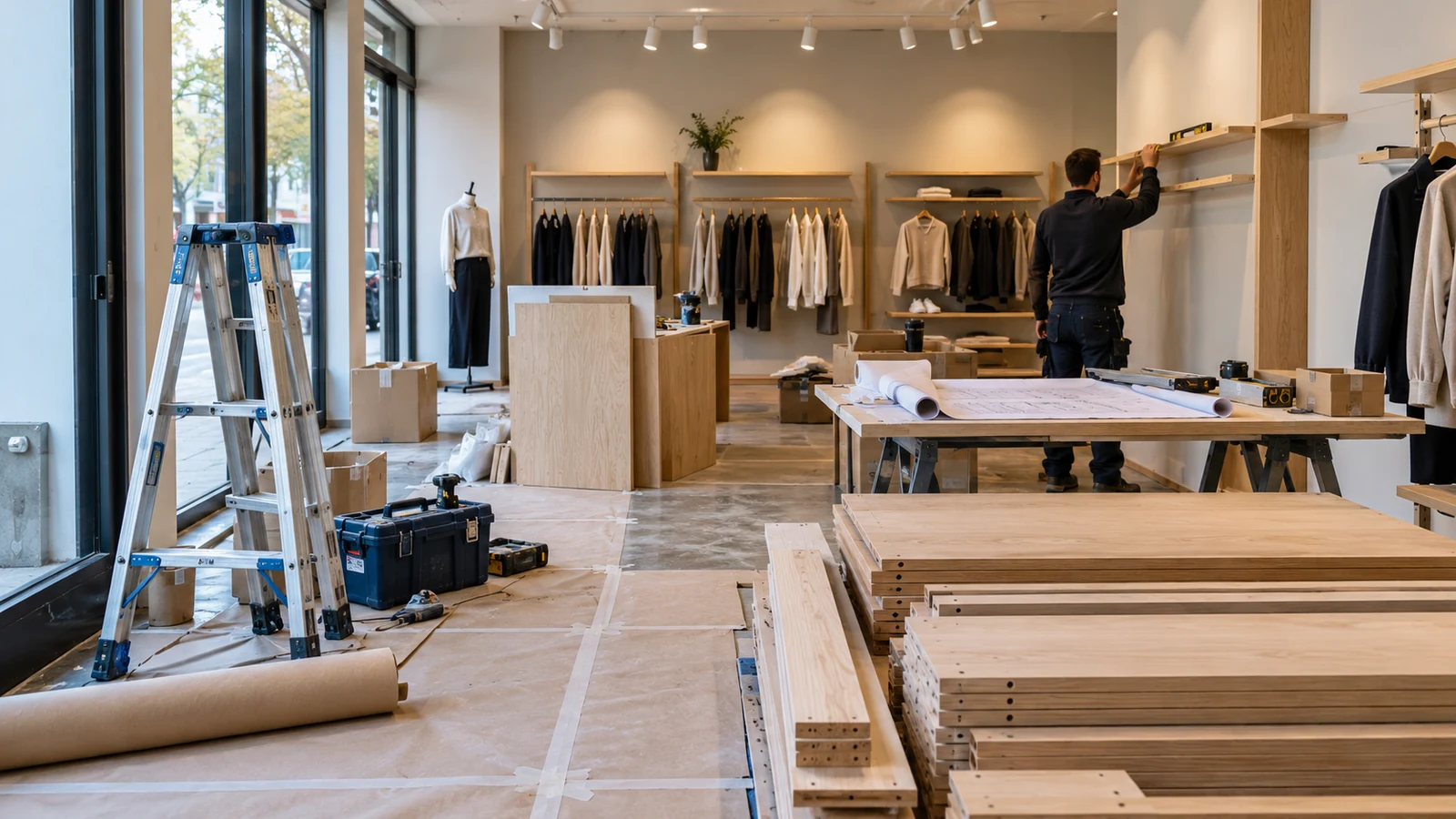 Contractor fitting shelves in a retail store during renovation