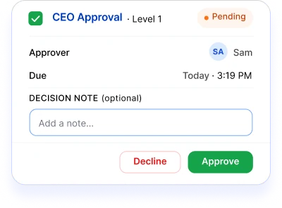 Nodomo approval card with approver, due time and decision actions