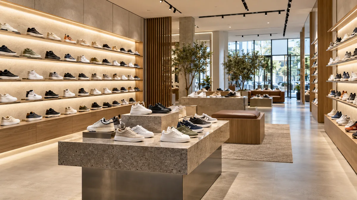 Modern footwear store with illuminated sneaker displays and central shoe tables