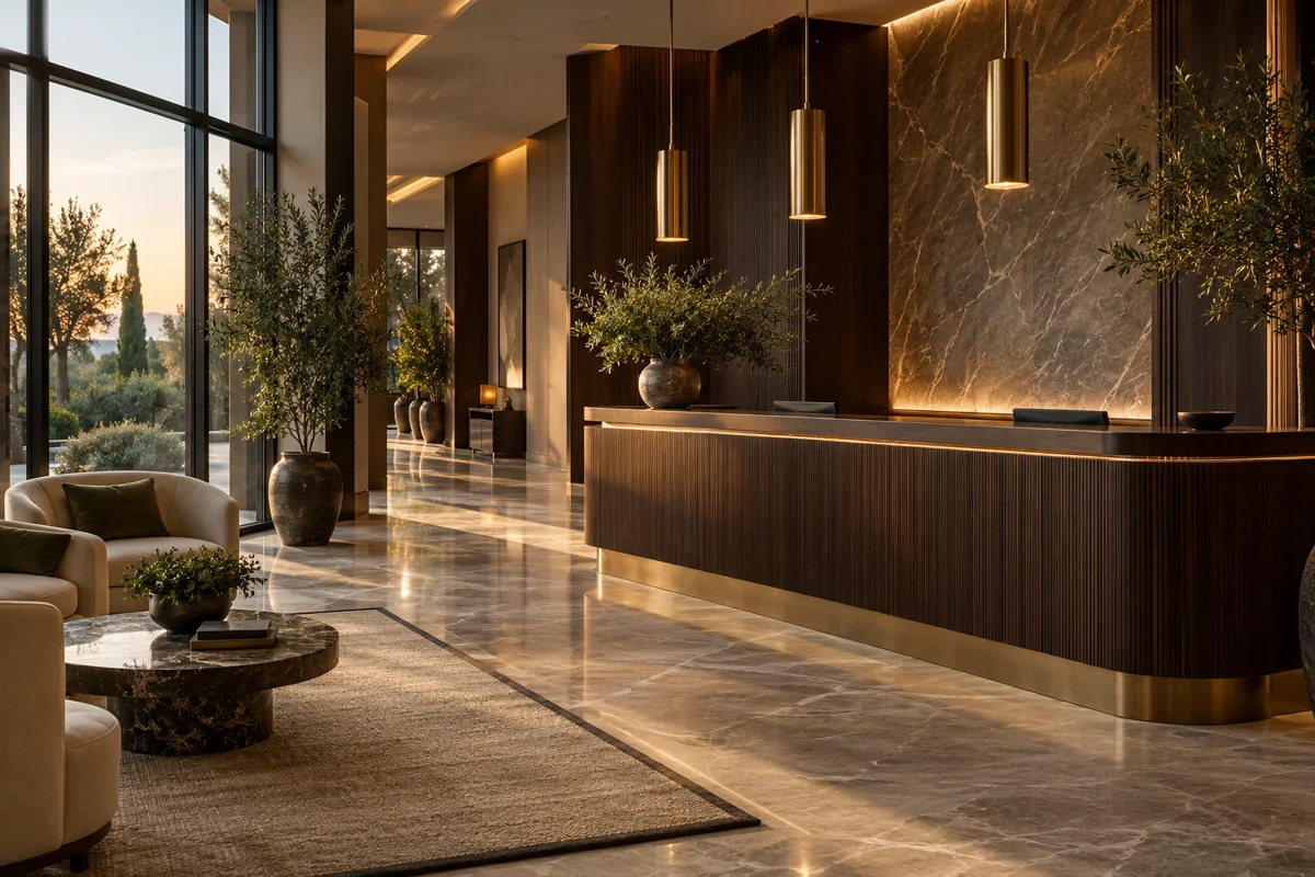Hotel reception with a dark wood desk, pendant lighting and marble floors
