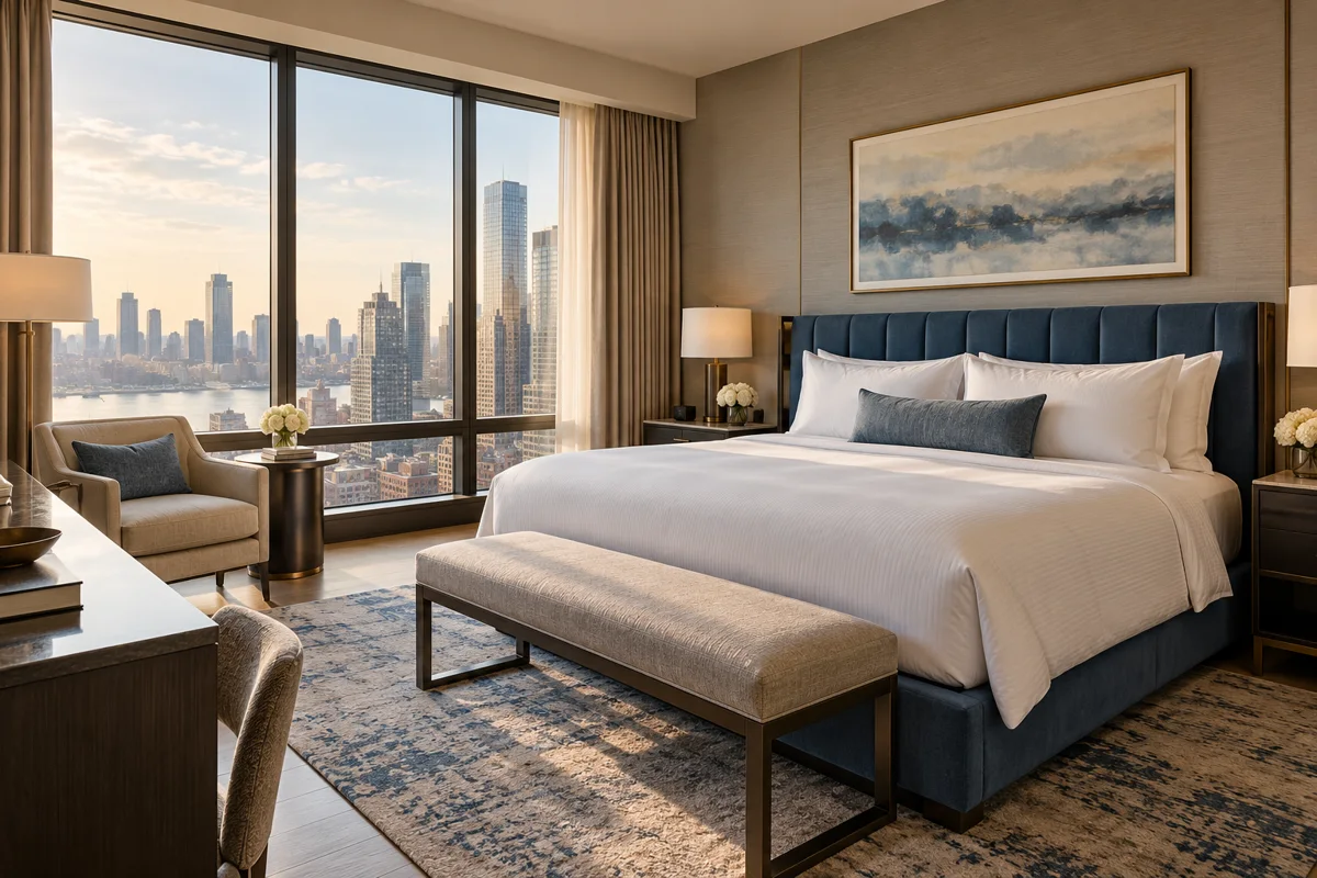 Prepared hotel guest room with white linens and a blue upholstered headboard