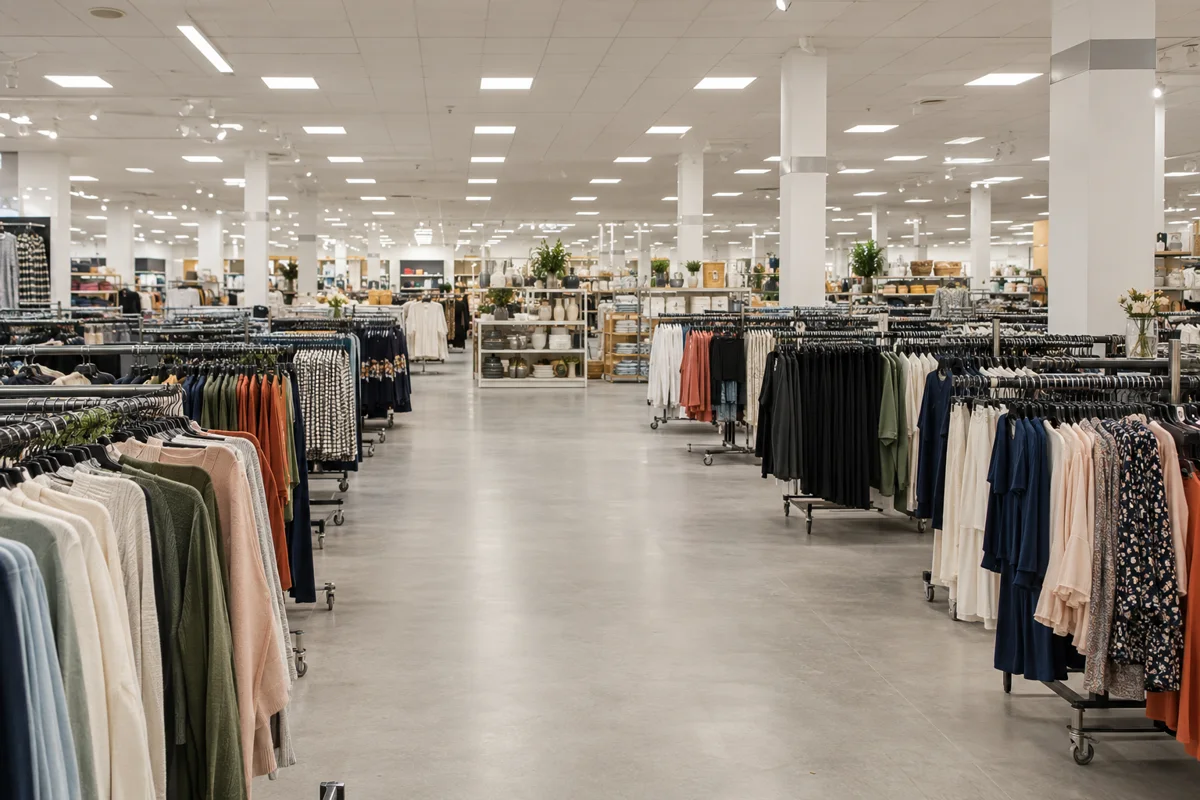 Wide aisles and clothing racks inside a large department store